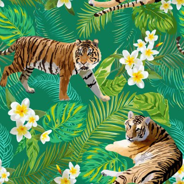 Kaplanlar tropik çiçekler ve palmiye yaprakları arka plan, Dikişsiz desen vektör