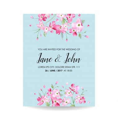 Düğün, davet, Bahar kiraz çiçekleri ile tarihi kartı kaydetmek parti, vektörde Rsvp