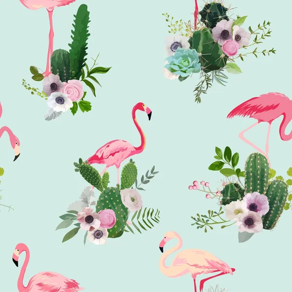 Flamingo Bird and Tropical Cactus Flowers Background (en inglés). Patrón retro sin costura en el vector — Archivo Imágenes Vectoriales