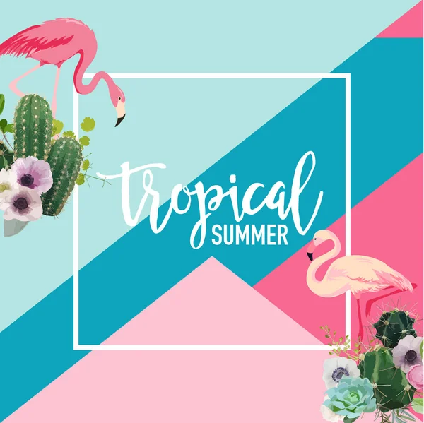 Flores de cactus tropicales y aves flamencas Banner de verano, fondo gráfico, invitación floral exótica, folleto o tarjeta. Portada moderna en Vector — Vector de stock
