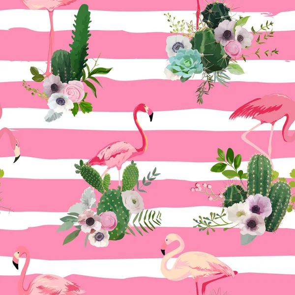 Flamingo Bird and Tropical Cactus Flowers Background (en inglés). Patrón retro sin costura en el vector — Archivo Imágenes Vectoriales