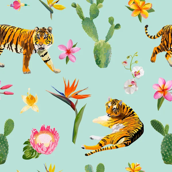 Seamless Pattern with Tigers, Tropical Flowers and Palm Leaves Background in vector — Stock Vector