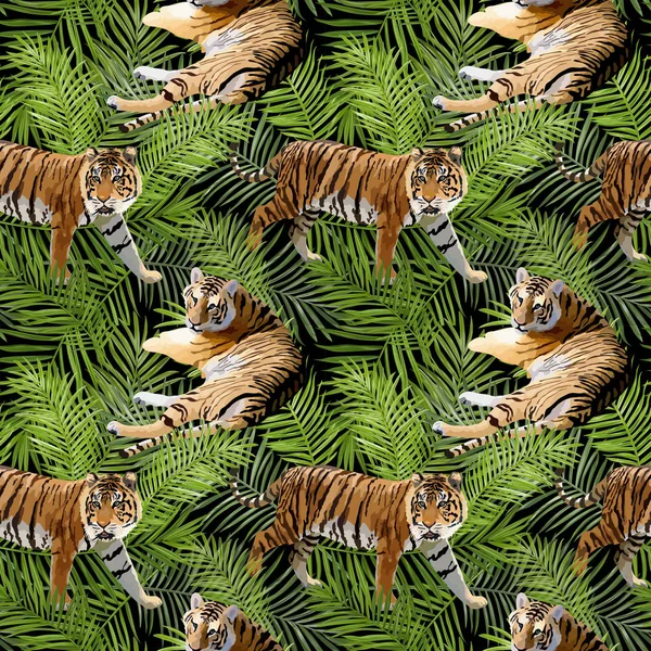 Tigres en flores tropicales y hojas de palma de fondo, patrón sin costuras en vector — Vector de stock