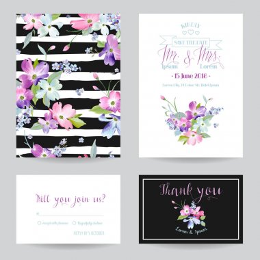 Tarihi düğün davet şablonu bahar Dogwood çiçekleri ile kaydedin. Romantik çiçek tebrik kartı Set kutlama için. Suluboya botanik tasarım. Vektör çizim