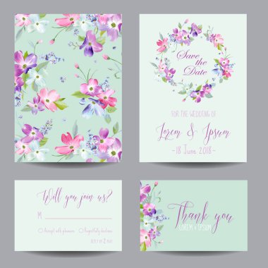 Tarihi düğün davet şablonu bahar Dogwood çiçekleri ile kaydedin. Romantik çiçek tebrik kartı Set kutlama için. Suluboya botanik tasarım. Vektör çizim