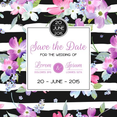 Bahar Dogwood çiçek düğün davet şablonu. Kutlama için romantik çiçek tebrik kartı. Suluboya botanik tasarım. Vektör çizim