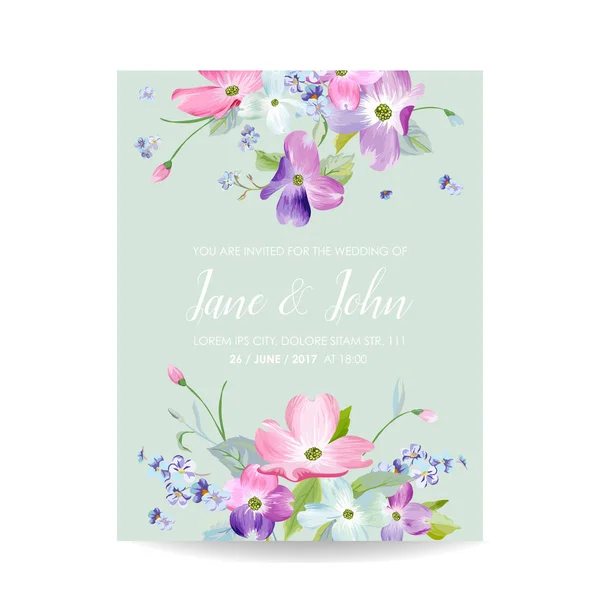 Modelo de convite de casamento com flores Primavera Dogwood. Romântico Floral Save the Date Cartão de saudação para a celebração. Desenho Botânico Aquarela. Ilustração vetorial —  Vetores de Stock