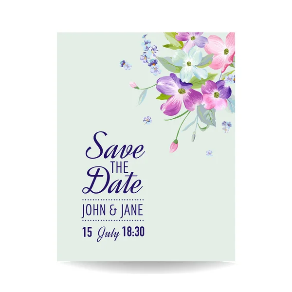 Modelo de convite de casamento com flores Primavera Dogwood. Cartão Floral Romântico para Celebração. Desenho Botânico Aquarela. Ilustração vetorial — Vetor de Stock