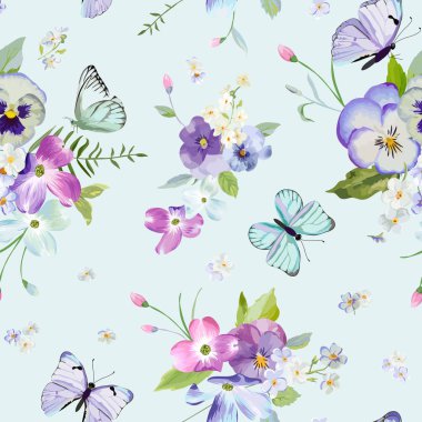 Seamless Pattern with Blooming Flowers and Flying Butterflies in Watercolor Style. Beauty in Nature. Background for Fabric, Textile, Print and Invitation. Vector illustration clipart