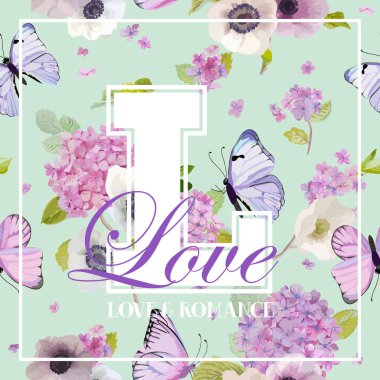 Çiçek açan ortanca çiçek ve uçan kelebekler T-shirt tasarım suluboya tarzında. Doğada güzellik. Kumaş, tekstil, yazdırma için arka plan. Vektör çizim