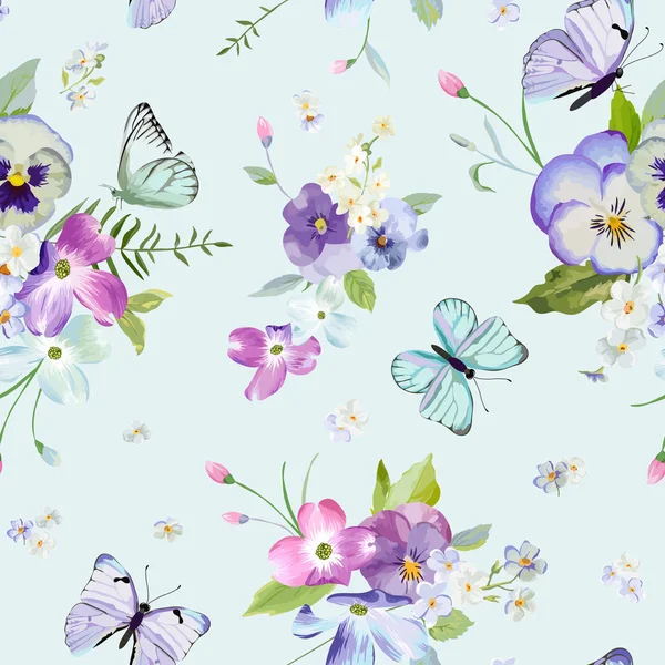 Seamless Pattern with Blooming Flowers and Flying Butterflies in Watercolor Style. Beauty in Nature. Background for Fabric, Textile, Print and Invitation. Vector illustration — Stock Vector