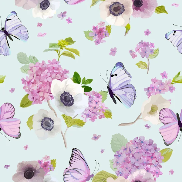 Patrón sin costuras con flores de hortensias florecientes y mariposas voladoras en estilo acuarela. La belleza en la naturaleza. Fondo para Tela, Textil, Imprimir e Invitación. Ilustración vectorial — Vector de stock