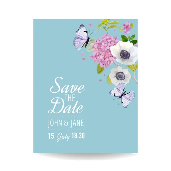 Salve o modelo de convite de casamento de cartão de data. Cartão Botânico com Hortênsia Flores e Borboletas. Saudação Floral Postcard. Ilustração vetorial — Vetor de Stock