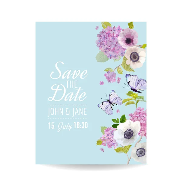 Spara datumet-kort bröllop inbjudan mall. Botaniska kort med Hydrangea blommor och fjärilar. Hälsning blommig vykort. Vektorillustration — Stock vektor
