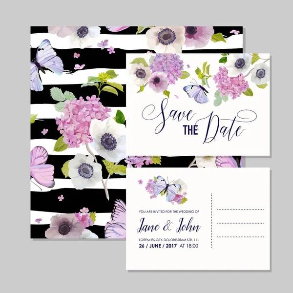 Conjunto de modelos de convite de casamento. Cartão Botânico com Hortênsia Flores e Borboletas. Saudação Floral Postcard. Ilustração vetorial —  Vetores de Stock