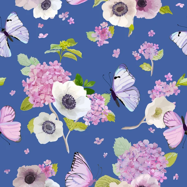 Modèle sans couture avec fleurs hortensia floraison et papillons volants dans le style aquarelle. La beauté dans la nature. Contexte pour le tissu, textile, impression et invitation. Illustration vectorielle — Image vectorielle