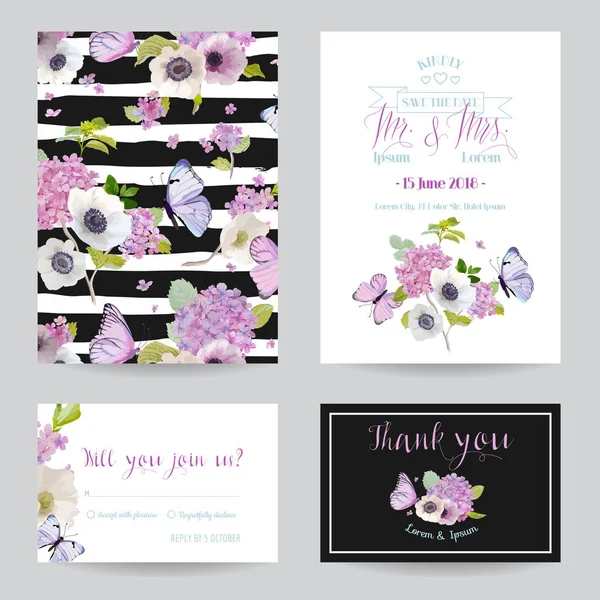 Bruiloft uitnodiging sjabloon instellen. Botanische kaart met de Hydrangea bloemen en vlinders. Groet bloemen briefkaart. Vectorillustratie — Stockvector