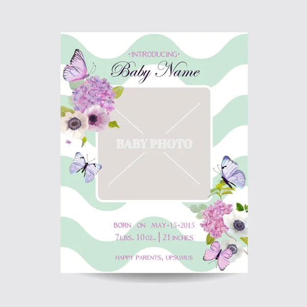 Bebek duş davetiye şablon fotoğraf çerçevesi, çiçekler ve kelebekler. Çiçek düğün kartı tasarım. Vektör çizim — Stok Vektör