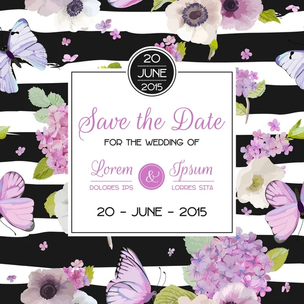 Γάμος πρόσκληση πρότυπο. Για να αποθηκεύσετε την ημερομηνία κάρτα με πεταλούδες και λουλούδια Ορτανσία. Χαιρετισμός Floral καρτ ποστάλ. Εικονογράφηση διάνυσμα — Διανυσματικό Αρχείο