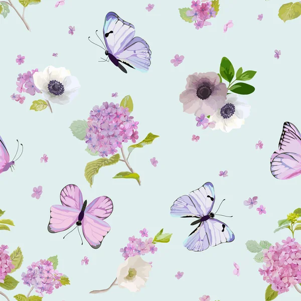 Patrón sin costura floral con flores de hortensias florecientes y mariposas voladoras en estilo acuarela. La belleza en la naturaleza. Fondo para Tela, Textil, Imprimir e Invitación. Ilustración vectorial — Vector de stock