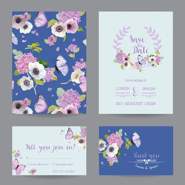 Bröllop inbjudan mall ange. Botaniska kort med Hydrangea blommor och fjärilar. Hälsning blommig vykort. Vektorillustration — Stock vektor