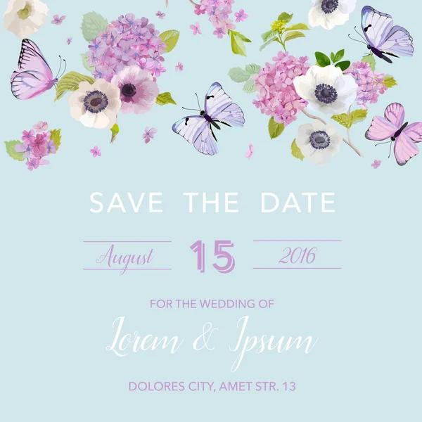 Bröllop inbjudan mall. Botaniska kort med fjärilar och Hydrangea blommor. Hälsning blommig vykort. Vektorillustration — Stock vektor