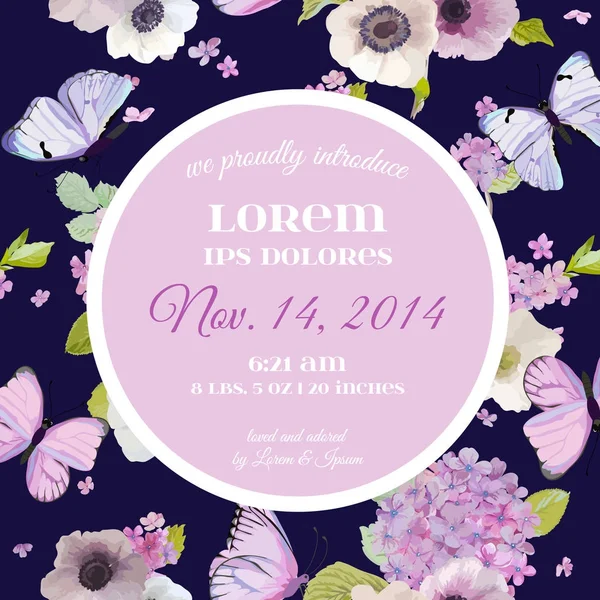 Invitación de la boda Baby Shower Template. Guarde la tarjeta de fecha con mariposas y flores de hortensias. Saludo postal floral. Ilustración vectorial — Archivo Imágenes Vectoriales