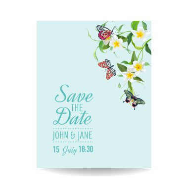 Düğün davetiye şablon tropikal tasarımı ile egzotik kelebek ve çiçek. Tarihi çiçek kartı vektör çizim kaydetmek