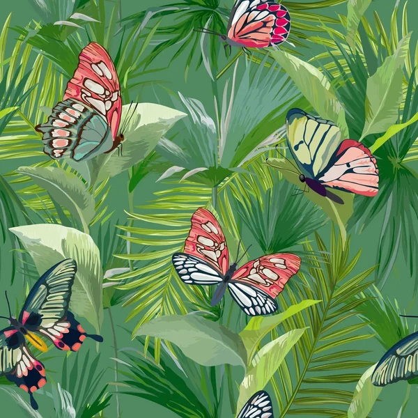 Tropische Palm laat naadloze patroon. De achtergrond van de jungle met exotische vlinders. Floral modevormgeving voor stof, textiel. Vectorillustratie — Stockvector