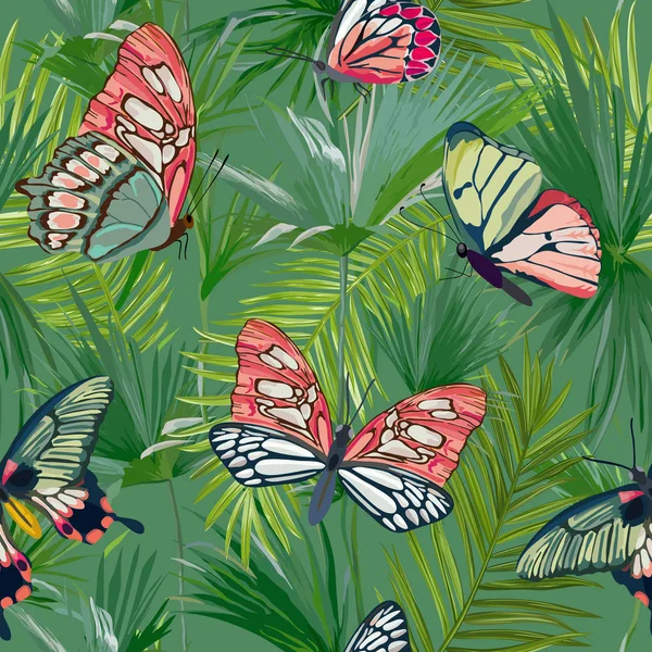 Liści palmowych tropikalny wzór. Tło dżungli z egzotycznych motyli. Kwiatowy moda Design dla tkanin, wyrobów włókienniczych. Ilustracja wektorowa — Wektor stockowy