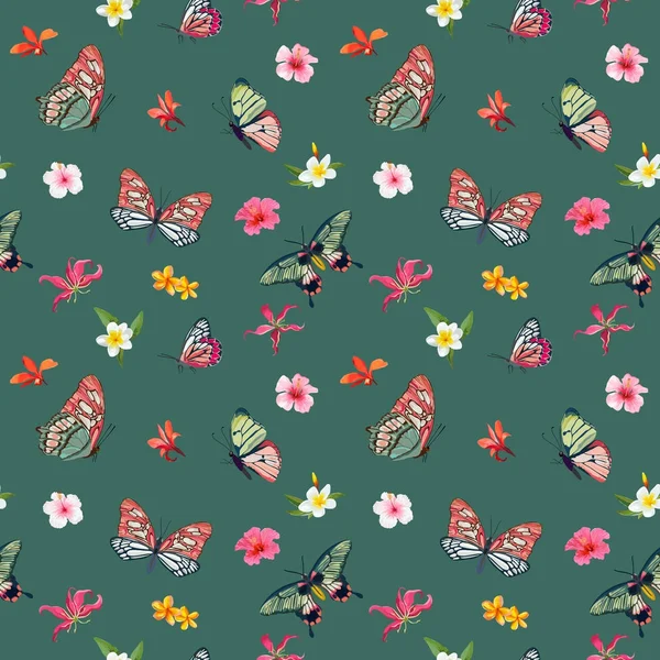 Tropikalne kwiaty i motyle Seamless Pattern. Floral Jungle tło dla tkanin i wyrobów włókienniczych. Ilustracja wektorowa — Wektor stockowy