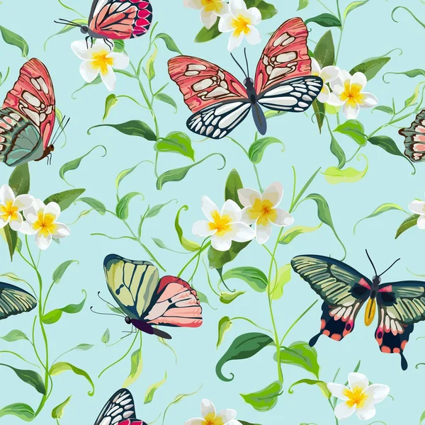 熱帯の花と蝶のシームレスなパターン。生地や繊維の花ジャングルの背景。ベクトル図 — ストックベクタ