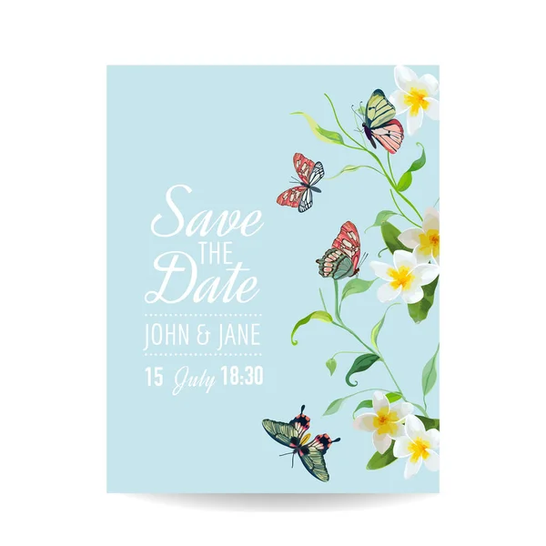 Γάμος πρόσκληση πρότυπο τροπικό σχέδιο με εξωτικά πεταλούδες και λουλούδια. Αποθηκεύσετε την ημερομηνία Floral διάνυσμα κάρτα εικονογράφηση — Διανυσματικό Αρχείο