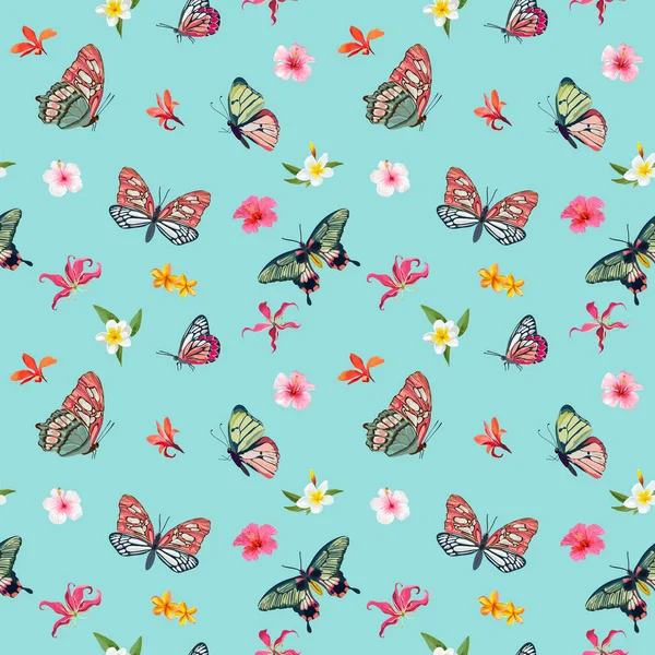 Bunga Tropis dan Kupu-kupu Pola Tanpa Laut. Latar Belakang Hutan Floral untuk Kain dan Tekstil. Ilustrasi vektor - Stok Vektor