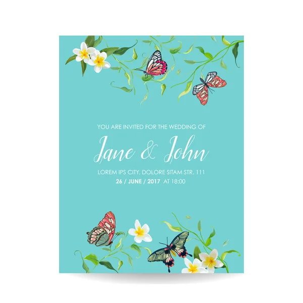 Bröllop inbjudan mall tropisk Design med exotiska fjärilar och blommor. Spara den datum blommig Card. vektor illustrationen — Stock vektor