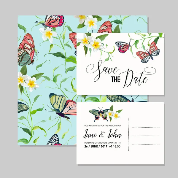 Convite de casamento Conjunto com flores tropicais e borboletas. Salve o cartão de data para a cerimônia romântica. Ilustração vetorial —  Vetores de Stock