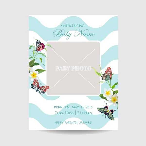 Tarjeta floral de llegada del bebé con mariposas y flores. Plantilla de invitación con marco de fotos para bebés. Ilustración vectorial — Vector de stock