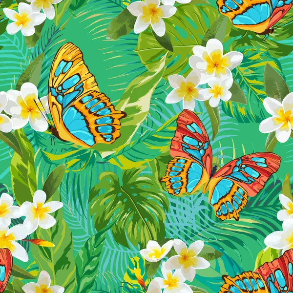 Padrão sem costura tropical com flores e borboletas. Palma deixa fundo floral. Design de tecido de moda. Ilustração vetorial —  Vetores de Stock