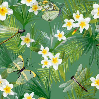 Yusufçuk ile tropikal çiçek Seamless modeli. Palmiye ağacı yaprakları ve egzotik çiçekler duvar kağıdı ve kumaş için orman arka plan. Vektör çizim