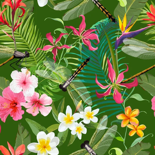 Motivo floreale tropicale senza cuciture con libellule. Sfondo naturale con foglie di palma e fiori esotici per sfondi e tessuto. Illustrazione vettoriale — Vettoriale Stock