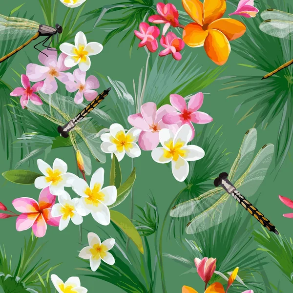 Tropische florale nahtlose Muster mit Libellen. botanischer Hintergrund mit Palmblättern und exotischen Blumen für Tapeten und Stoff. Vektorillustration — Stockvektor