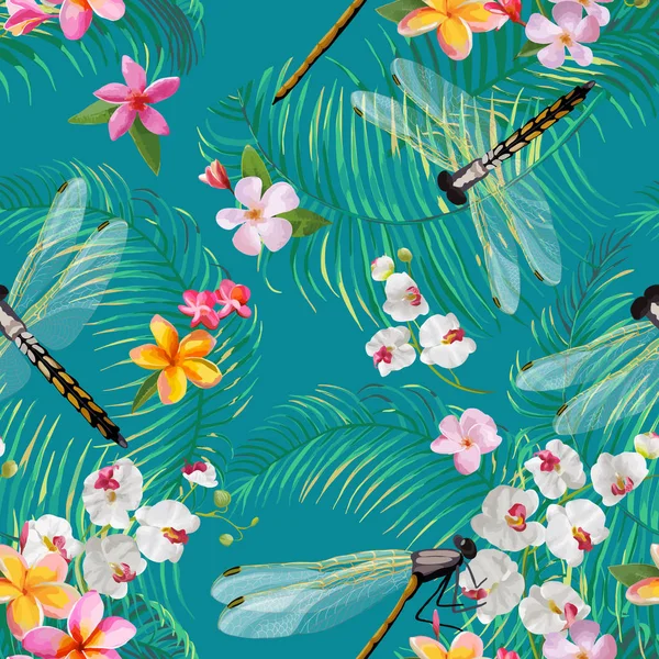 Tropische florale nahtlose Muster mit Libellen. botanische Tierwelt Hintergrund mit Palmblättern und exotischen Blumen für Tapeten und Stoff. Vektorillustration — Stockvektor