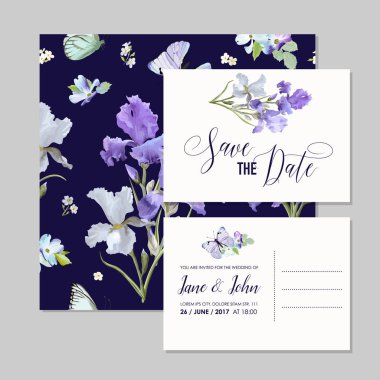 Tarihi bildirimi kartı Iris çiçekler ve kelebekler ile kaydedin. Çiçek düğün davetiye şablonları ayarlamak. Botanik tasarımı için tebrik kartları. Vektör çizim