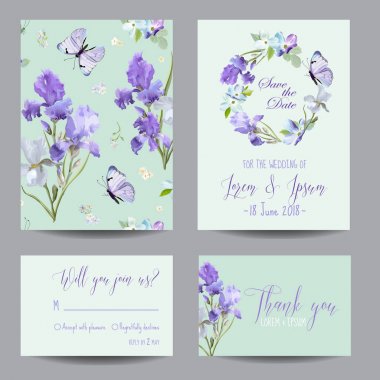 Tarihi bildirimi kartı Iris çiçek ve uçan kelebekler ile kaydedin. Çiçek düğün davetiye şablonları ayarlamak. Botanik tasarımı için tebrik kartları. Vektör çizim