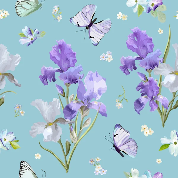 Sömlös blommönster med lila blommande Iris blommor och flygande fjärilar. Akvarell natur bakgrund för tyg, tapeter, inbjudningar. Vektorillustration — Stock vektor