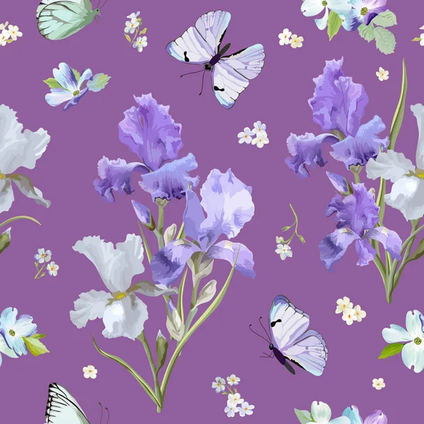 Patrón sin costura floral con flores de iris de floración púrpura y mariposas voladoras. Acuarela Naturaleza Fondo para Tela, Papel pintado, Invitaciones. Ilustración vectorial — Archivo Imágenes Vectoriales