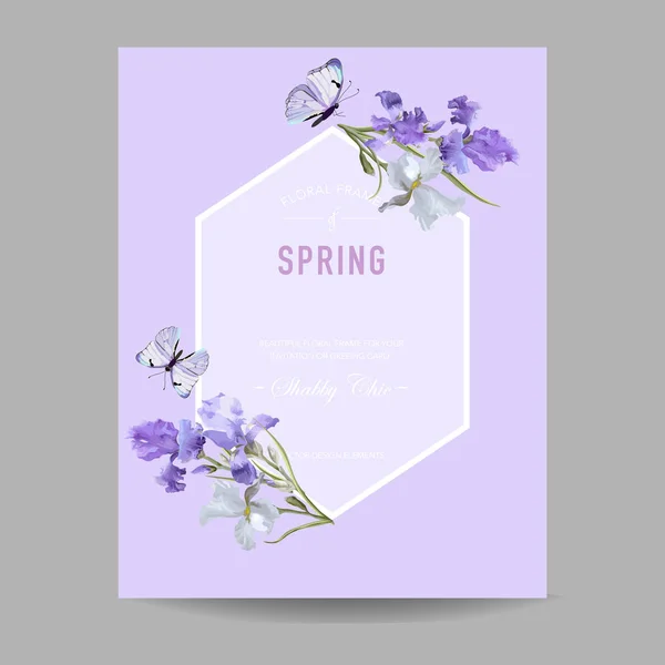 Blumen blühen Frühjahrsrahmen mit lila Irisblüten. Einladung, Plakat, Grußkarten-Flyer-Vorlage. Vektorillustration — Stockvektor