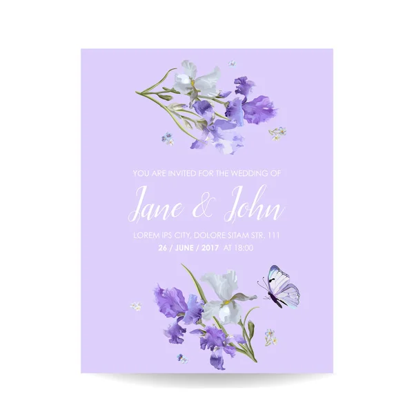 De datum-kaartje opslaat met Iris bloemen en vlinders. Bloemen bruiloft uitnodiging sjabloon. Botanische ontwerp voor wenskaarten. Vectorillustratie — Stockvector