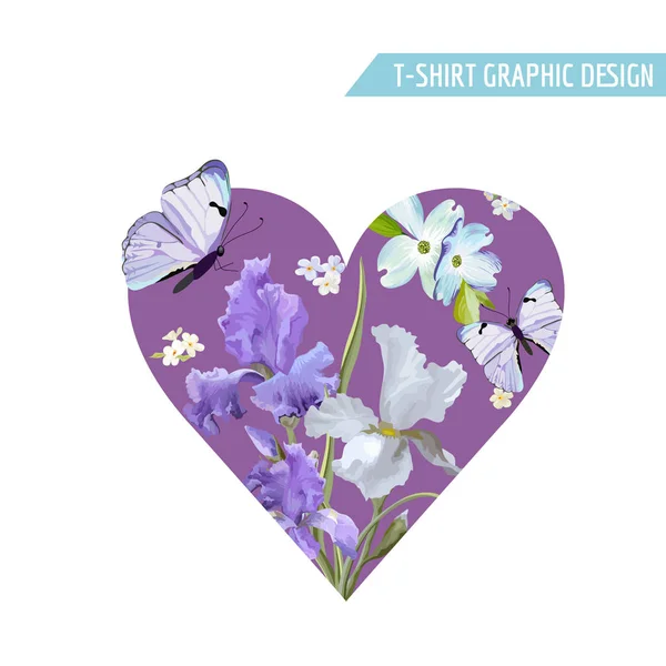 Ρομαντική αγάπη σχεδιασμό T-shirt με ανθισμένα λουλούδια ίριδας και πεταλούδες. Floral καρτ ποστάλ πρόσκληση ύφασμα φόντο πρότυπο. Εικονογράφηση διάνυσμα — Διανυσματικό Αρχείο