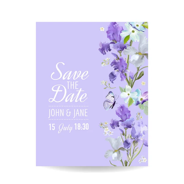 Enregistrer la carte de date avec des fleurs et des papillons. Modèle d'invitation de mariage floral. Conception botanique pour cartes de vœux. Illustration vectorielle — Image vectorielle